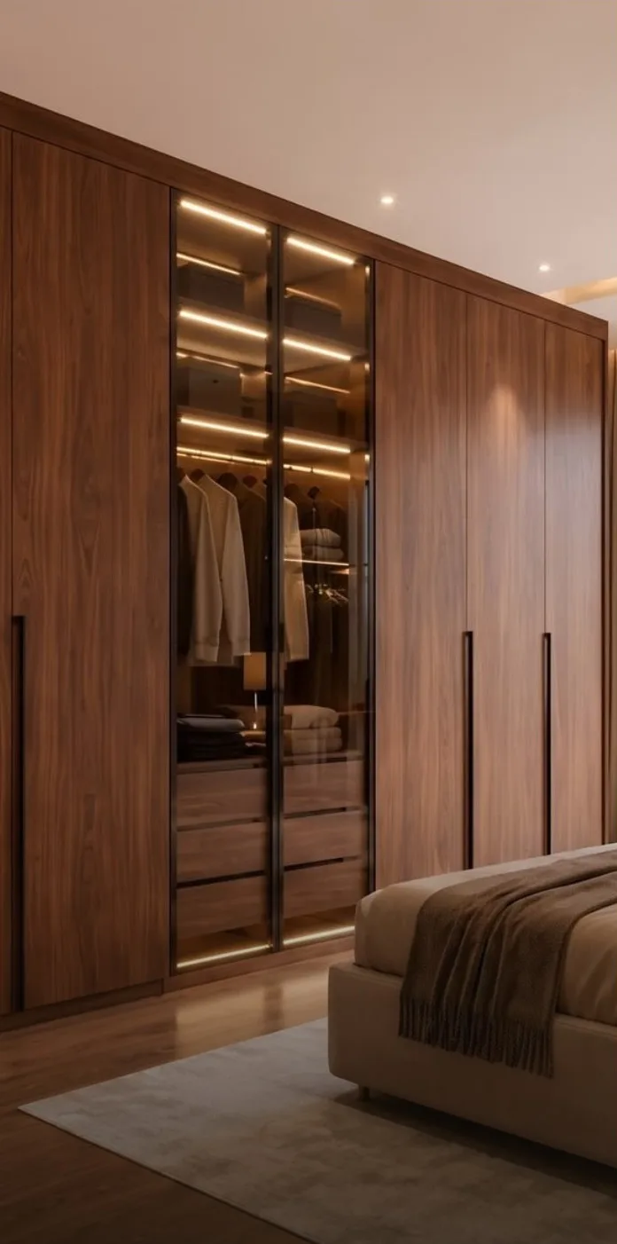 Dressing intégré en noyer dans une chambre