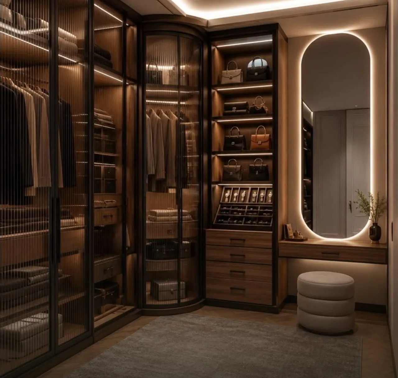 Suite dressing en verre et noyer avec miroir lumineux