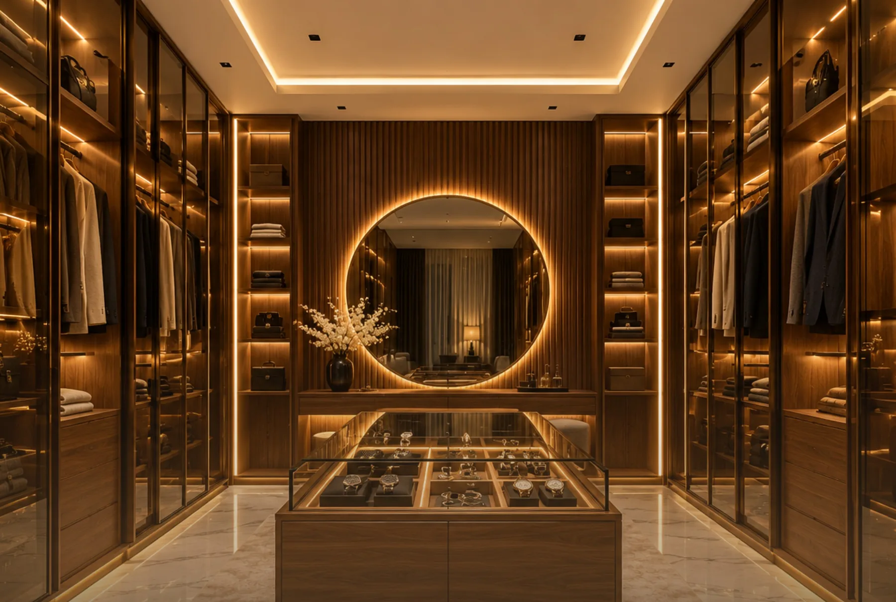 Suite dressing avec îlot vitrine et miroir rond lumineux