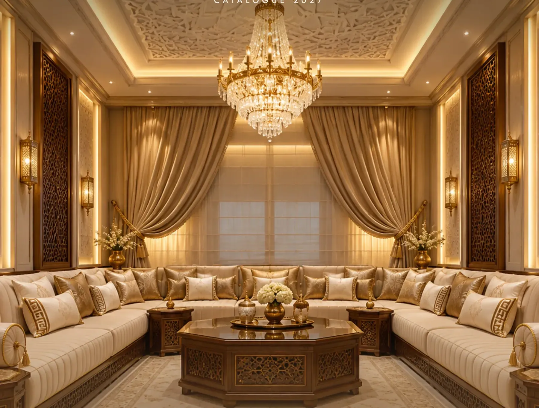 Grand salon marocain ivoire sous un lustre en cristal