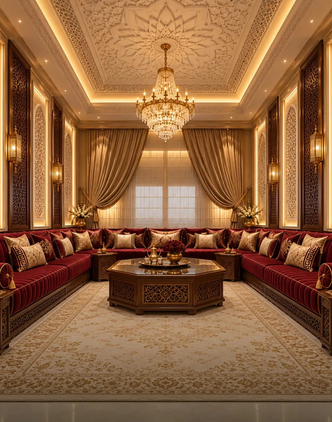 Salon marocain bordeaux et or