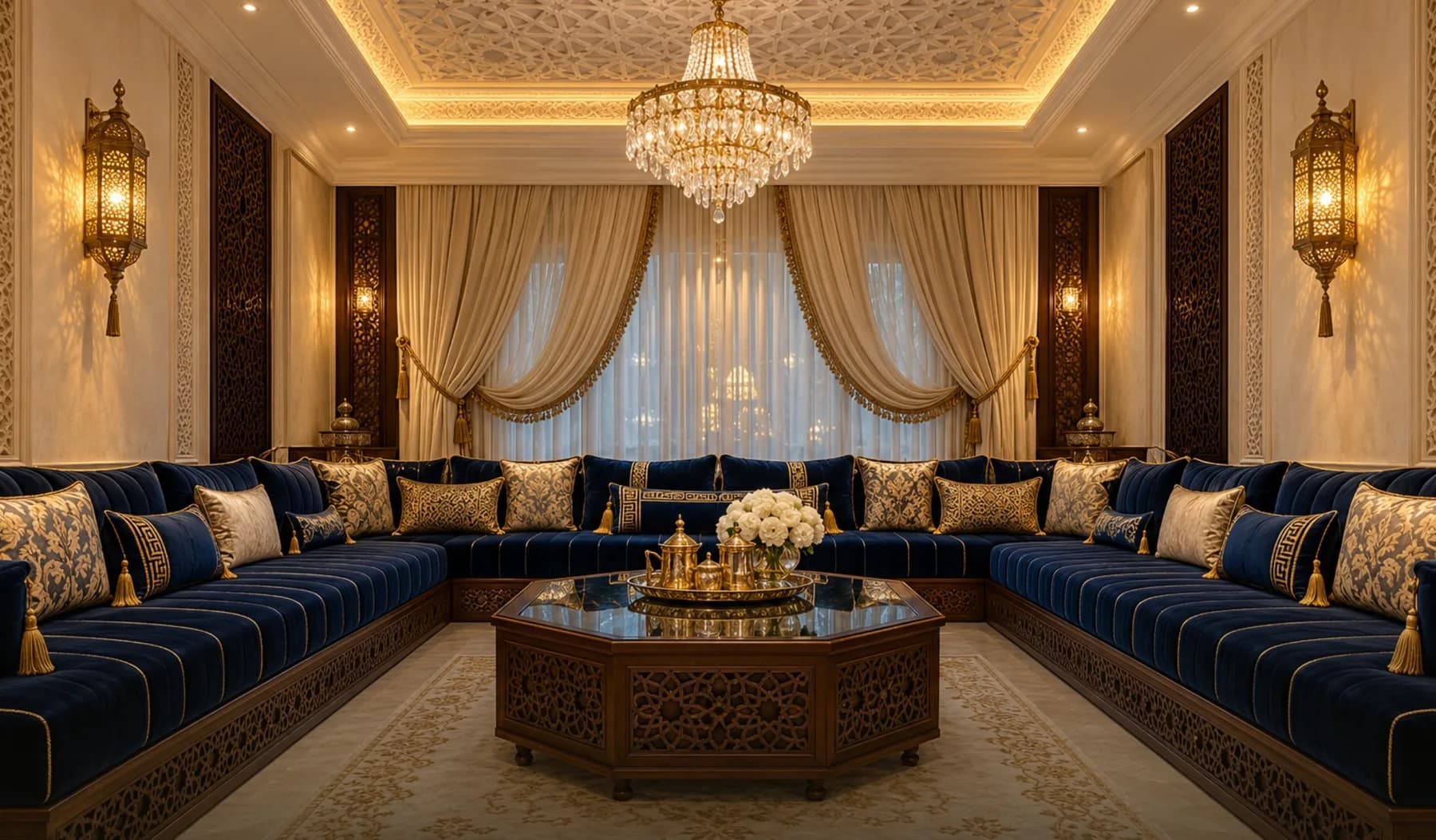 Salon marocain en velours bleu saphir sous un plafond ciselé